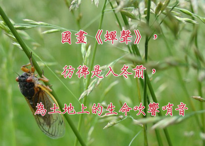 國畫《蟬聲》，彷彿是入冬前，為土地上的生命吹響哨音